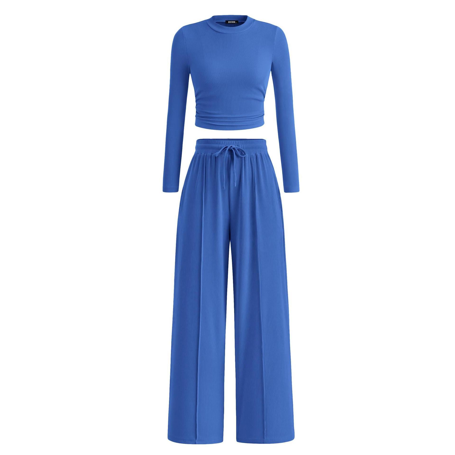 2-Piece Lounge Set – Ribbed Knit Long Sleeve Crop Top & Wide Leg Pants
