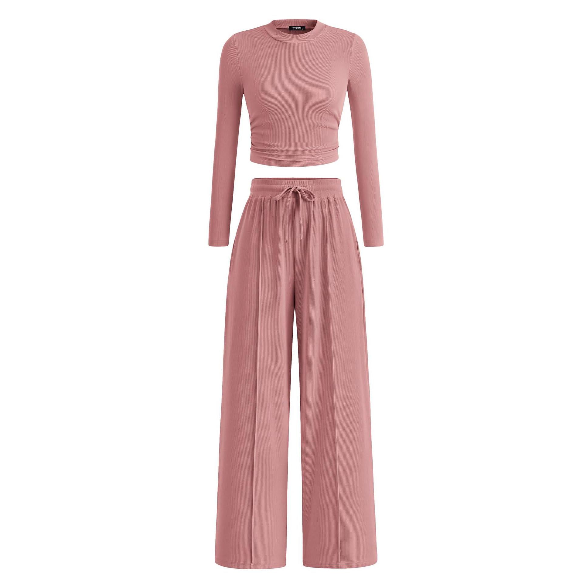 2-Piece Lounge Set – Ribbed Knit Long Sleeve Crop Top & Wide Leg Pants