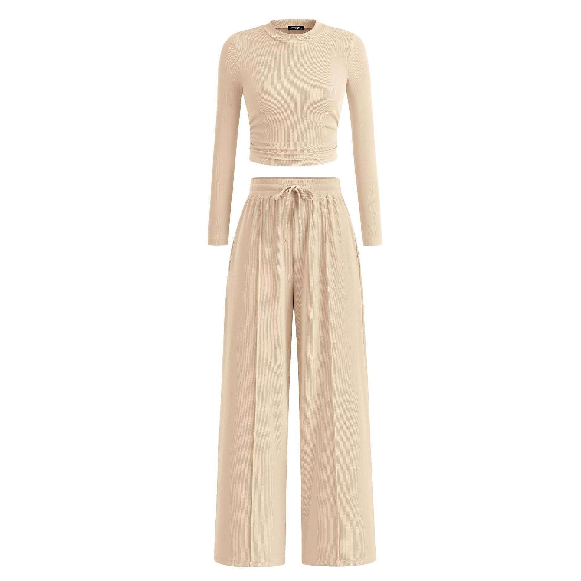 2-Piece Lounge Set – Ribbed Knit Long Sleeve Crop Top & Wide Leg Pants