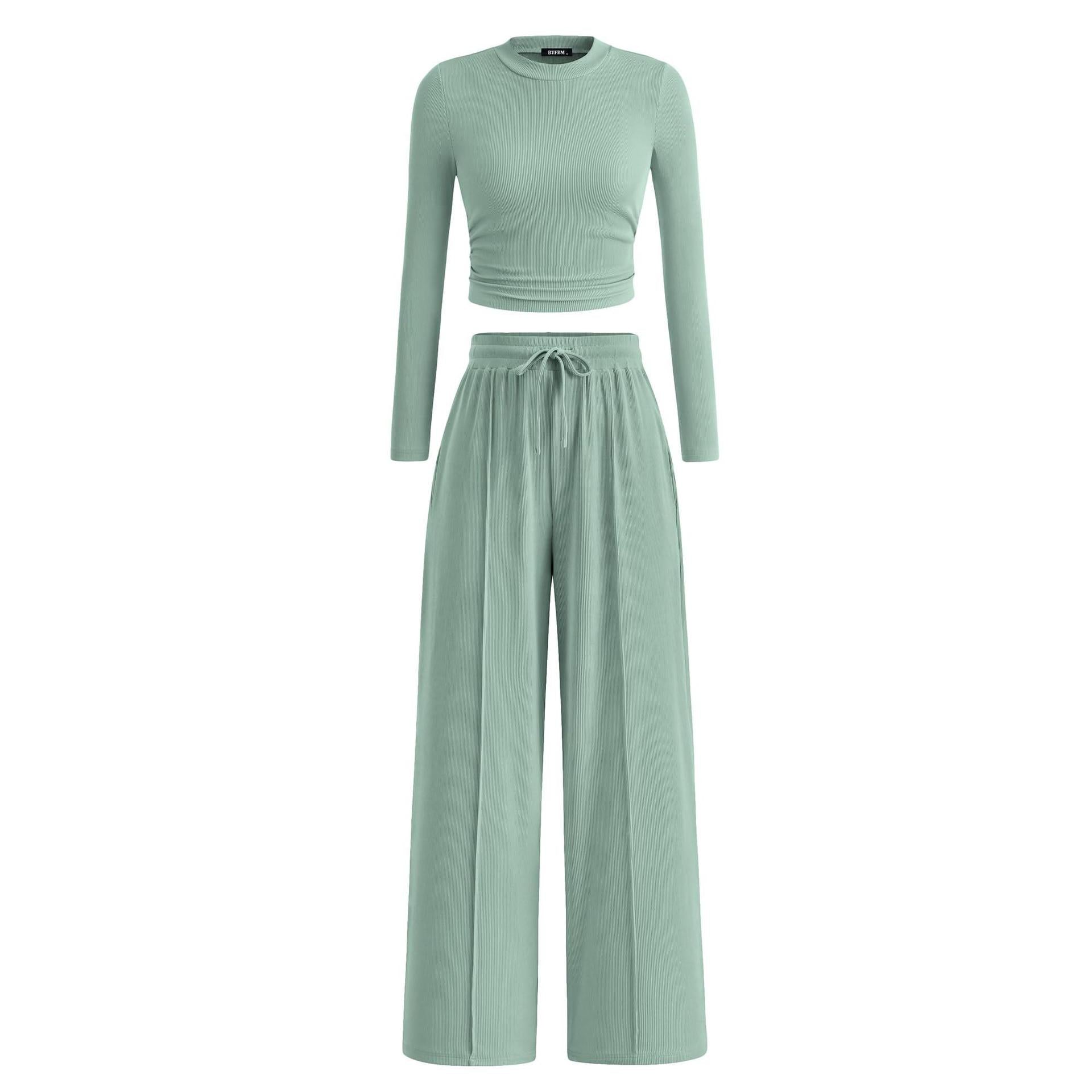 2-Piece Lounge Set – Ribbed Knit Long Sleeve Crop Top & Wide Leg Pants