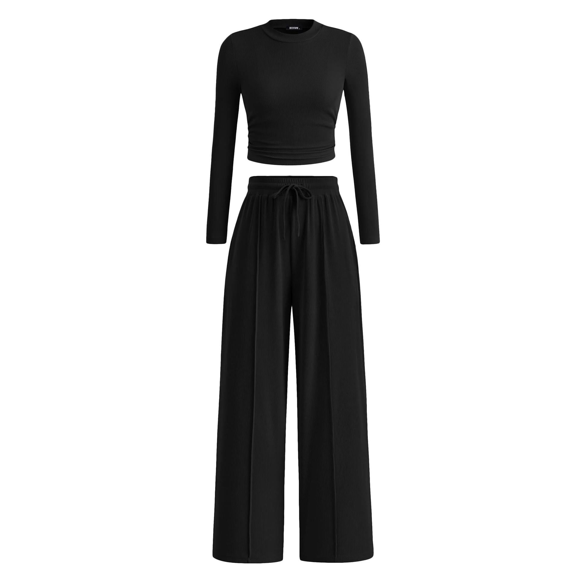 2-Piece Lounge Set – Ribbed Knit Long Sleeve Crop Top & Wide Leg Pants