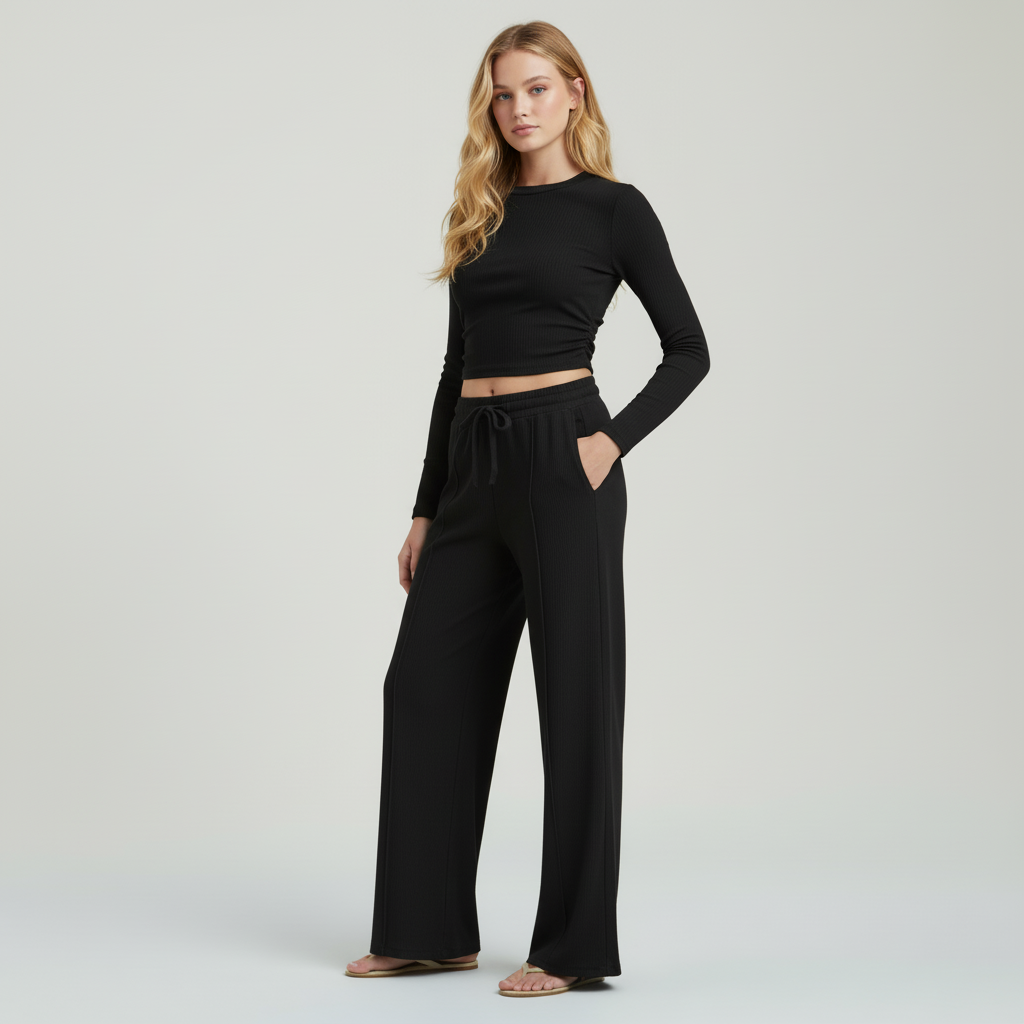 2-Piece Lounge Set – Ribbed Knit Long Sleeve Crop Top & Wide Leg Pants