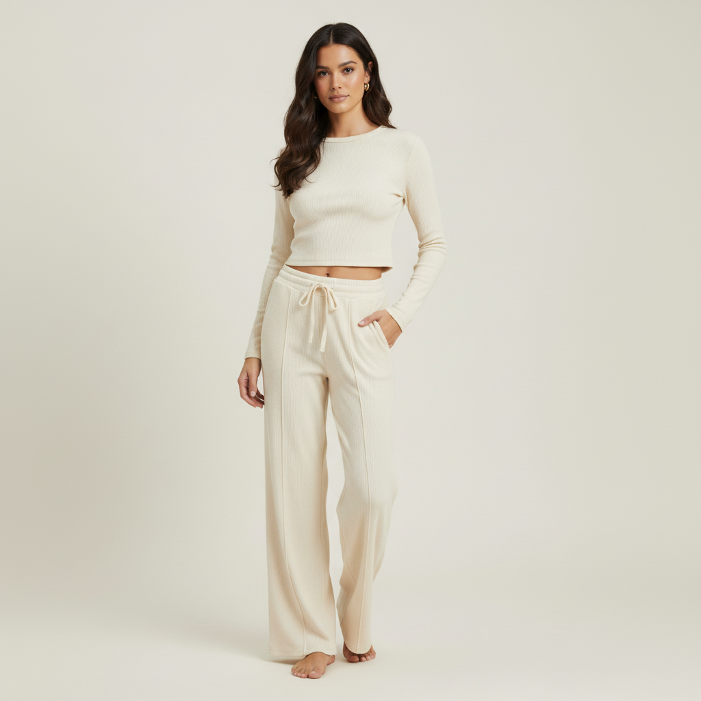 2-Piece Lounge Set – Ribbed Knit Long Sleeve Crop Top & Wide Leg Pants