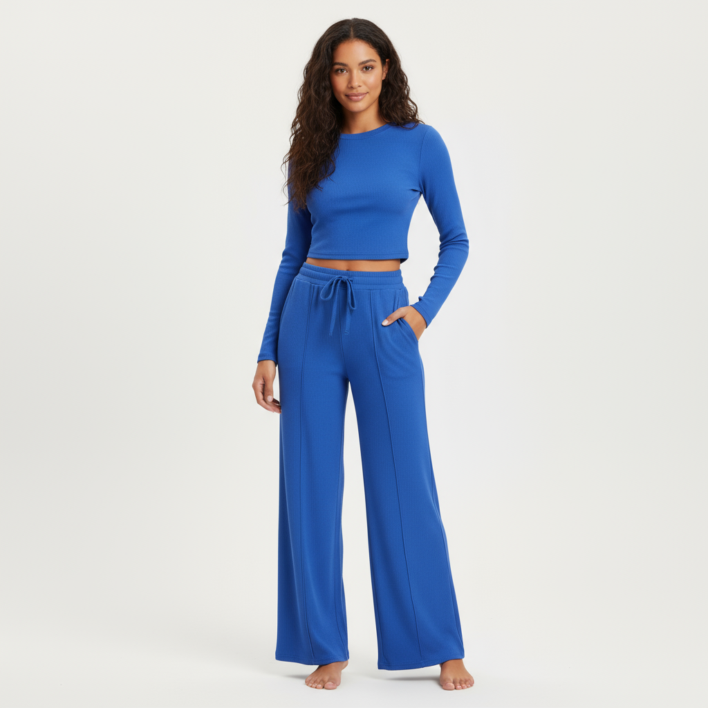 2-Piece Lounge Set – Ribbed Knit Long Sleeve Crop Top & Wide Leg Pants