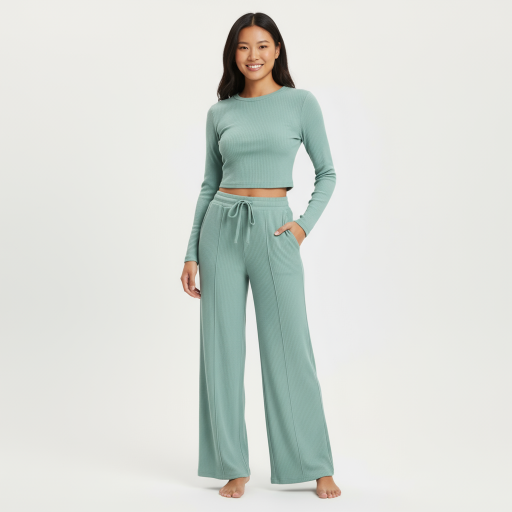 2-Piece Lounge Set – Ribbed Knit Long Sleeve Crop Top & Wide Leg Pants