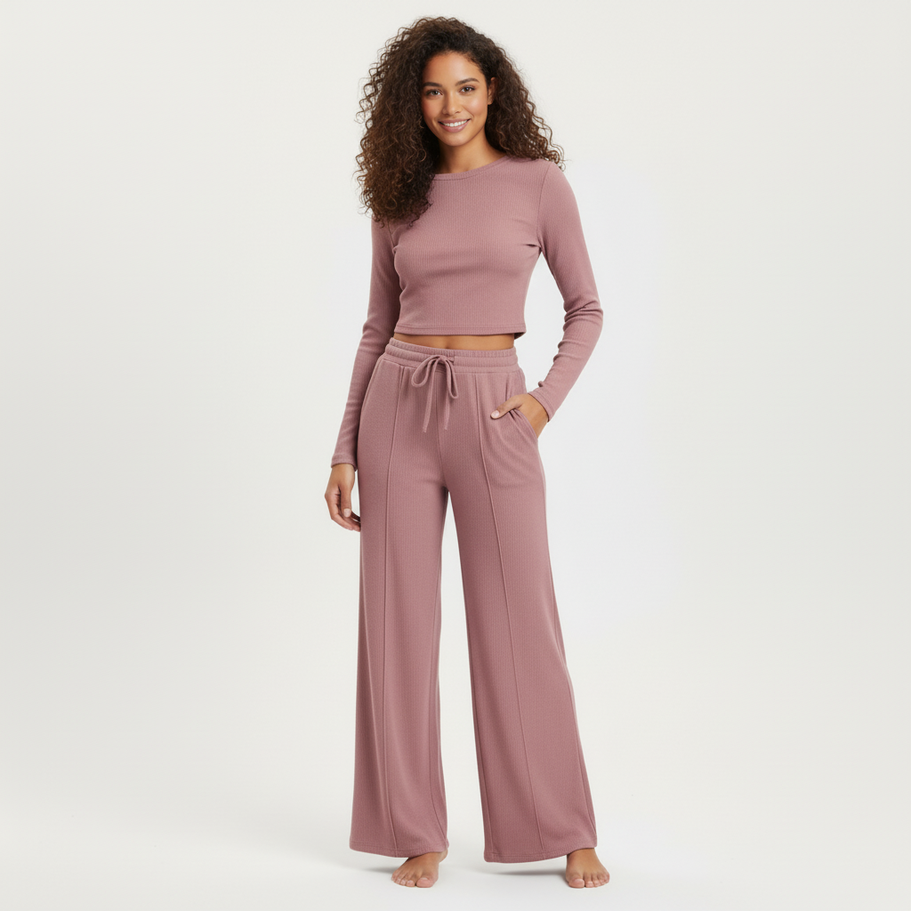2-Piece Lounge Set – Ribbed Knit Long Sleeve Crop Top & Wide Leg Pants